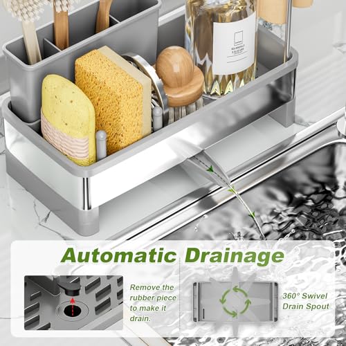 Ewaiira Stainless Steel Sink Caddy, Sponge Holder for Kitchen Sink with Brush Holder Dishcloth Rack, Rustproof Sink Organi...