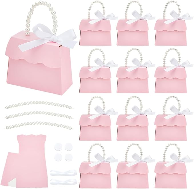 BENECREAT 16 Sets Pink Wedding Favors Box DIY Set, Kraft Paper Box with Pearl Handle, Ribbons, Stickers, Gift Boxes for Bi...