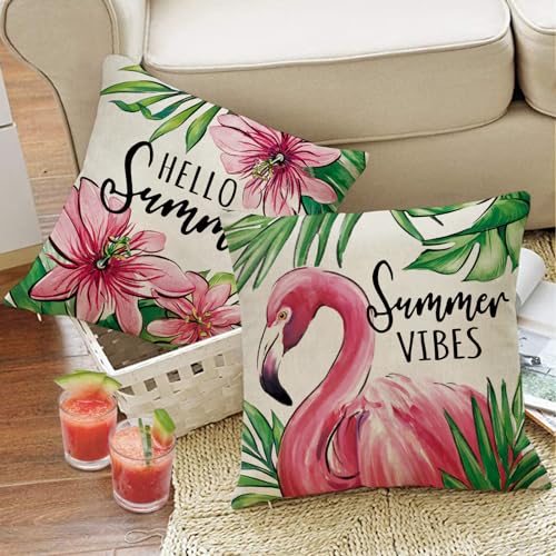 Fjfz Hello Summer Vibes Flamingo Decorative Throw Pillow Covers 16 x 16 Set of 4, Tropical Hibiscus Flower Floral Porch Ou...