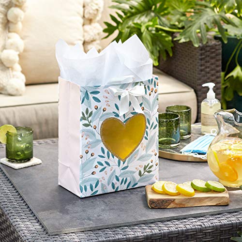 Hallmark 13" Large Gift Bag with Tissue Paper (Green Foliage, Gold Heart) for Weddings, Engagements, Anniversaries, Bridal...