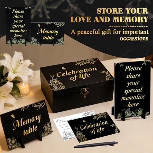 Celebration of Life Memory Box Set with 100Pcs Share a Memory Cards for Funeral and 6 Pens, 2 Wood Sign, Memorial Decorati...