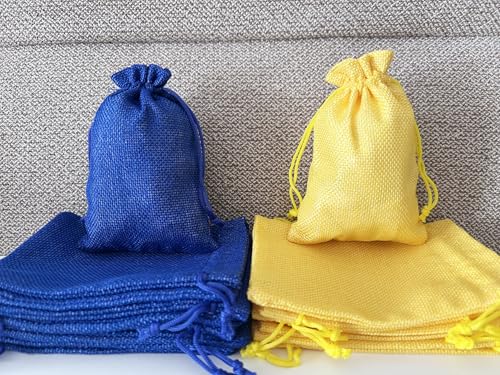Autupy Burlap Drawstring Bags, 20 Pack, Blue and Yellow, Gift Pouches for Wedding Party Favors