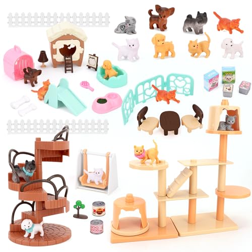 BananMelonBM 67 PCS Cat and Dog Pet Figurine Playset, Pretend Play Toy for Kids Creative DIY Realistic Detailed, Education...