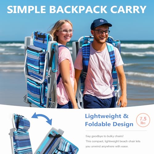 PASAMIC Backpack Beach Chairs for Adults 2 Pack Portable, Lay Flat Reclining Beach Chairs with 5 Positions, Tall Heavy Dut...