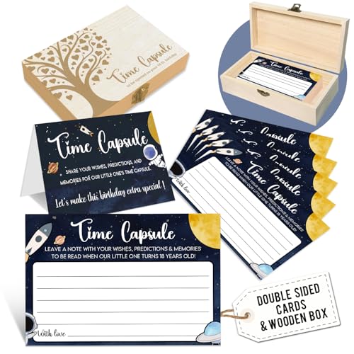 EMNAPH Time Capsule Box for 1st Birthday - Baby's First Birthday Keepsake Kit with 50 Pcs Space Party Games Cards, Child-S...