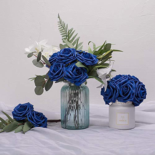 Higfra Artificial Flowers 25pcs Real Looking Royal Blue Foam Fake Roses with Stems for DIY Wedding Bouquets White Bridal S...