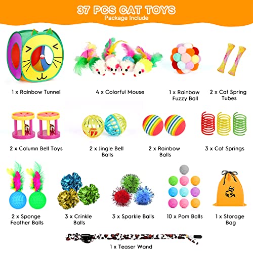 37 PCS Interactive Kitten Toys for Indoor Cats - Variety Set With Collapsible Tunnel Tube Tent, Feather Teaser Wand, Bell,...