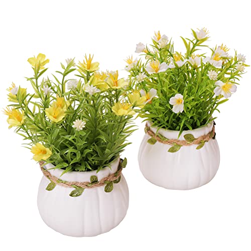 Artificial Flowers, Daisy Flower with Vase Silky Artificial Daisies Bouquet Fake Plant Bonsai for Home Office Wedding Deco...