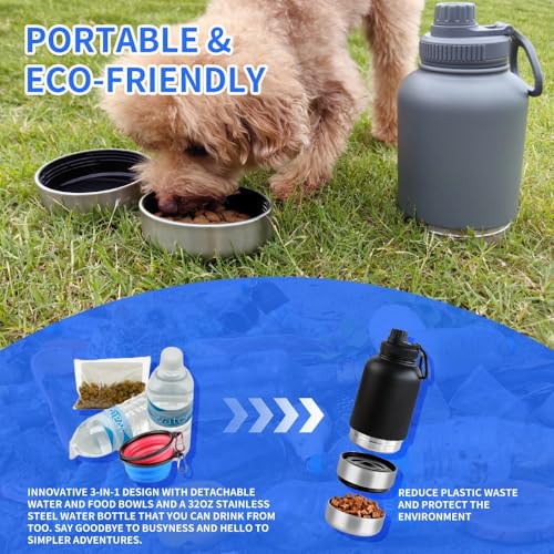 Fikma Insulated Dog Water Bottle with 2 Bowls, 32oz Insulated Stainless Steel Travel Bottle for Pets, Leak-Proof Portable ...