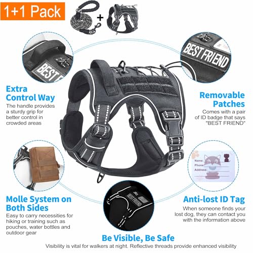 Beebiepet Heavy Duty Tactical Dog Harness for Large Dogs, No Pull Adjustable Pet Harness Reflective Service Training Easy ...