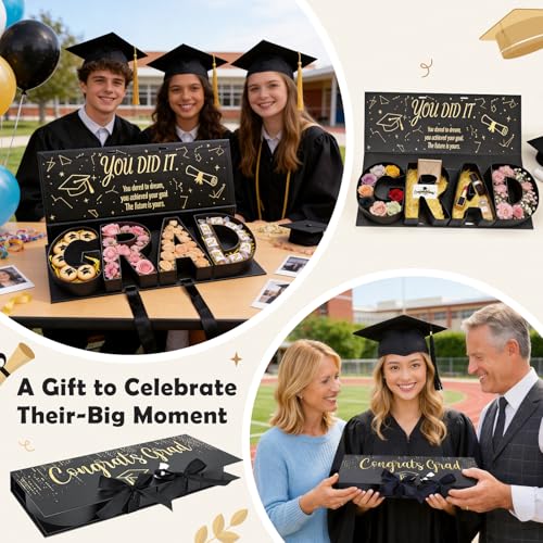 Graduation Gift Box 2026,GRAD Letter Shaped Fillable Cardboard Box for Graduation Gifts, Snacks, Flowers & More,Includes R...