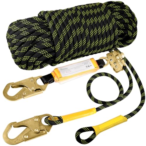 TRSMIMA Rope Harness Safety Lanyard：50ft Vertical Roofing Rope with Grab Snap Hooks Shock Absorber - Fall Protection Tree ...