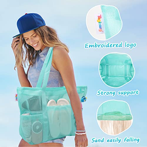 Tagitary Mesh Beach Bag with Zipper Large Beach Tote Waterproof Sandproof with 8 Pockets for Toys Pool Bag Beach Accessories