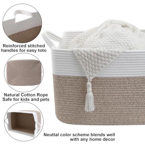 HZFTJOY Large Blanket Basket,Woven Rope Basket Storage Bin with Handles,65L Rectangle Laundry Basket for Magazines,Toys,Cl...