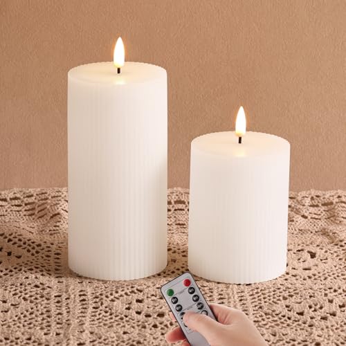 Girimax White Ribbed Flameless Pillar Candles with Remote, Flickering LED Wax Candles Battery Operated Set of 2