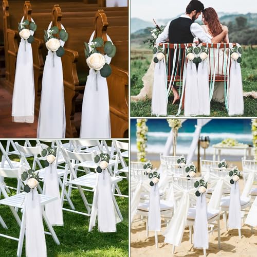 DIYDOFUN 20 Sets Wedding Aisle Decorations, 39.4 Inches Artificial Silk Rose Flowers with Long Tulle Tails for Church Pew ...