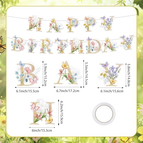 Lemicin Flower Butterfly Happy Birthday Banner Boho Wildflower and Butterflies Baby Banner Flower Birthday Decorations for...