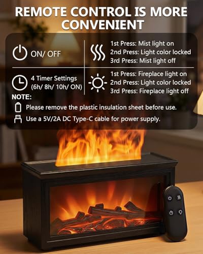 Essential Oil Diffuser, 7-Color Fireplace Fire Flame Aromatherapy Humidifier, 280ml Ultrasonic Aroma Diffuser Cozy Gift wi...