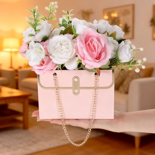 4 Pcs Flower Paper Gift Box Bouquet Storage Bucket, Flower Boxes Wedding Florist Handbag with Metal Chain, Floral Craft Wr...