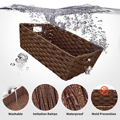 Onlytak Large Wicker Storage Basket, Metal Frame, Set of 2, Washable Waterproof, 15" x 10.3" x 5.2", Brown Color, Woven Ba...