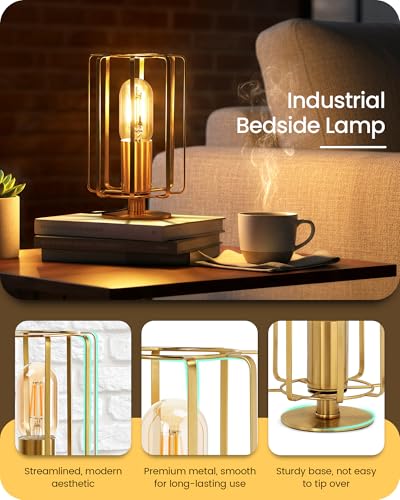 GOEBLESON Industrial Table Lamp, 8.5" Small Brass Table Lamp with Dimmable 2400K Warm Light LED Bulb, Vintage Brass Desk L...
