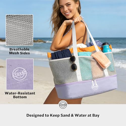 STOVER Extra Large Mesh Beach Bag, Vacation, Pool, Shopping & Travel Tote - Foldable w/Storage Pouch & Pockets for Women, Men