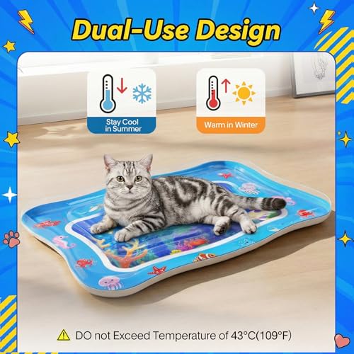 Aoioploa Cat Water Mat - Interactive Cat Toys Upgraded Thickened 0.7mm PVC Cooling & Heating Water Bed with Floating Fish,...