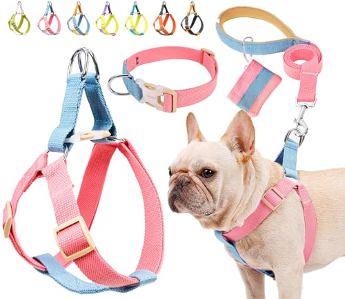 No Pull Dog Harness and Leash Set, Step in Dog Halter Harness with Poop Bag Holder, Adjustable Lightweight Cotton Straps S...
