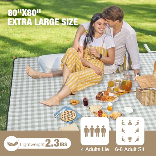 Picnic Blankets Outdoor Extra Large - 80"x80" Portable Waterproof Picnic Blanket, Machine Washable 3-Layer Foldable Park M...