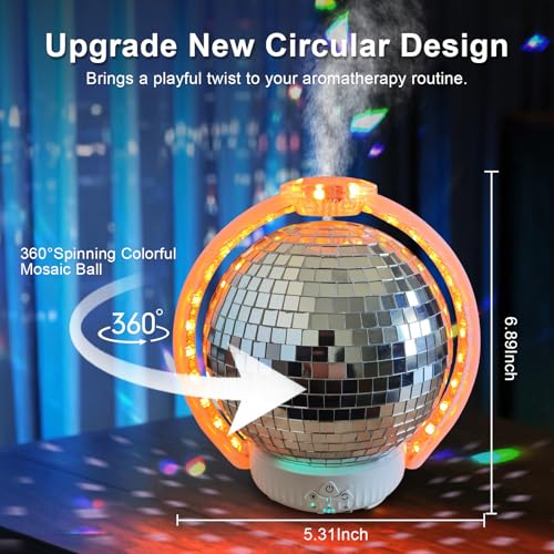 Rotating Disco Ball Diffuser, Mirror Ball Cute Diffuser with RGB Color Night Light, 2Timer Seting & 3 Light Mode Mirror Es...