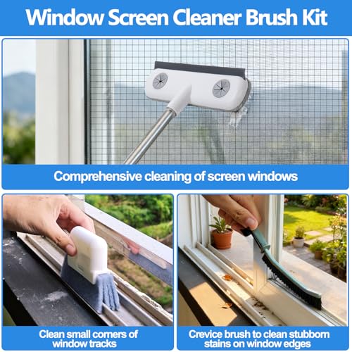 XANGNIER Window Screen Cleaner & Track Cleaning Kit-Mesh Screen Cleaner Brush with Extension Pole,Window Sill and Track Cl...