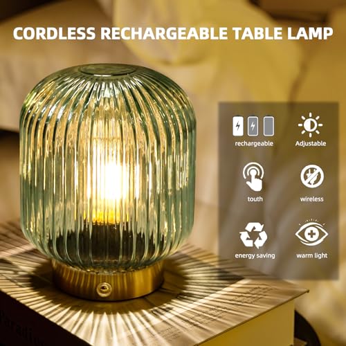 MJ PREMIER Rechargeable Table Lamp, Green Glass Lamp with Memory Function, Small Cordless LED Lamp with Dimmable Brightnes...