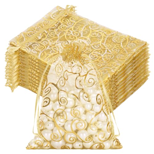 joycraft 50Pcs Organza Gift Bags - 5x7 In Gold Mesh Gift Drawstring Bags, Organza Party Favor Pouch for Valentine's Day, W...