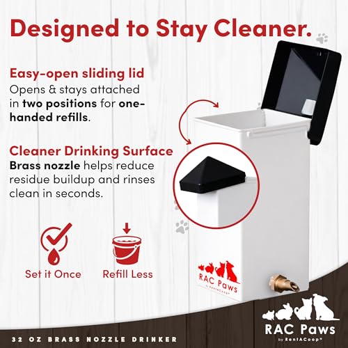 RAC Paws by RentACoop 32oz (1 Liter) Small Animal Drinker with No-Drip Brass Nozzle - Suitable for Small Pets, Bunnies, Ha...