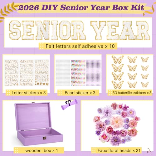 Novabright 50 Pcs 2026 DIY Senior Year Graduation Keepsake Box Kit Large Wooden Memory Box with 3D Butterfly, Flowers, Gli...