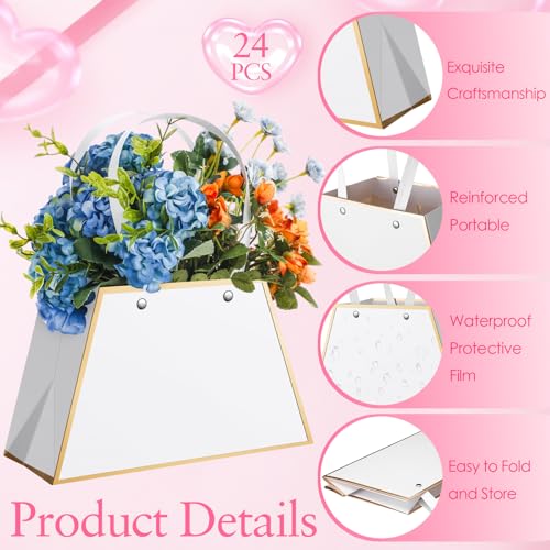 Noveread 24 Pcs Mother's Day Floral Gift Bags Bulk Portable Flower Bouquet Wrapping Paper Bag with Handle Waterproof Flori...