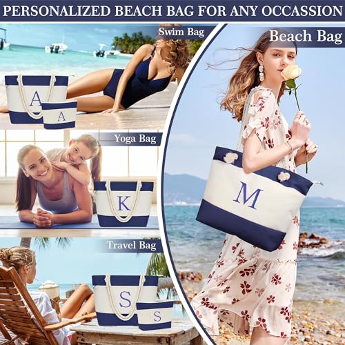 YOOLIFE Beach Bags for Women - Initial Canvas Waterproof Beach Tote Bag, Mothers Day Gifts for Women Mom Wife Friend