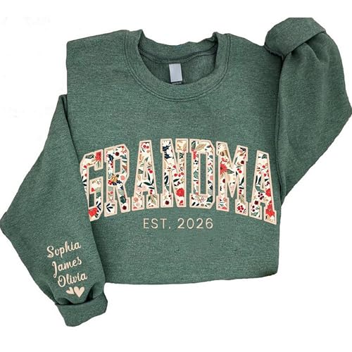Custom Embroidered Grandma Floral Shirt with Names on Sleeve, Personalized Grandma Gift, Floral Grandma Crewneck Sweatshirt