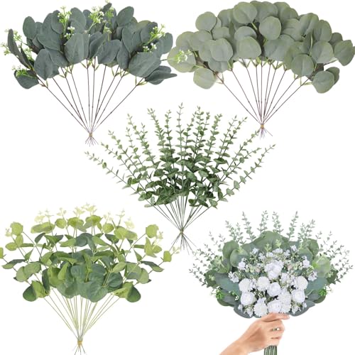 FENYUAN Eucalyptus Stems Bulk 60 Pcs, 4 Kinds Mixed Artificial Silver Dollar Eucalyptus Leaves Bundle Faux Greenery Branch...
