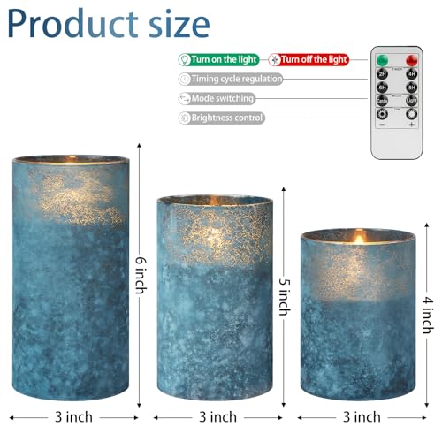HJANDHJ Blue Flickering Flameless Candles with Remote - Handmade Sandblast Glass Battery Operated LED Pillar Candles for H...