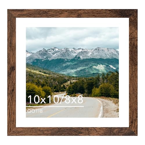 QOTIB Wood 10x10 Picture Frame with 8x8 Mat Deep Brown, Display 8x8 with Mat or 10x10 Without Mat, Wood 10 by 10 Photo Fra...