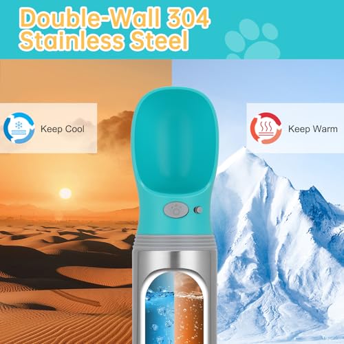 Portable Dog Water Bottle, 14 OZ, Stainless Steel Leak Proof Puppy Water Dispenser with Drinking Feeder for Pets Travel, W...