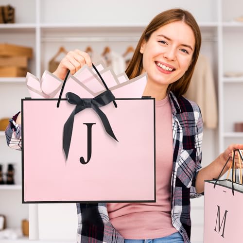 QLSKO Personalized Initial Paper Bag for Women Grils,Monogrammed Gift Bag with Bow Ribbon,Wrapping Tissue and Card Matchin...