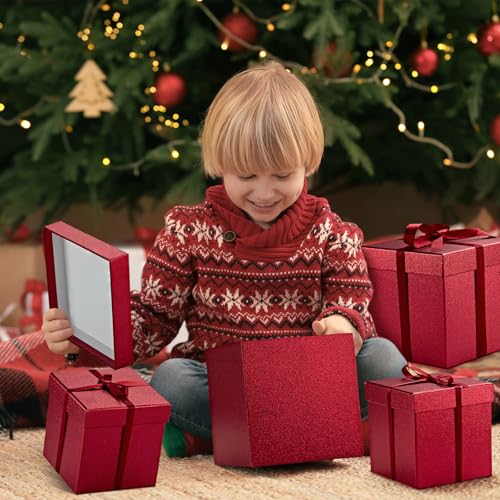 UNIQOOO 5Pcs Red Glitter Xmas Gift Box Set with Lid, Assorted Size, Square Nested Wedding Keepsake Boxes, Holiday Paper Bo...