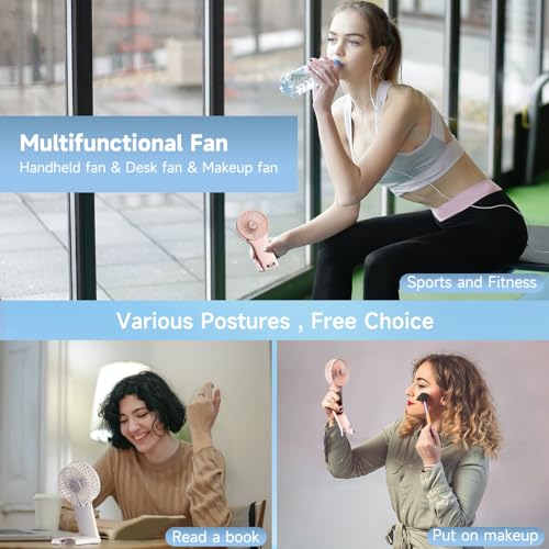 QQT Mini Handheld Fan,4 Speed Adjustable Portable Battery Operated Fans,USB Rechargeable Desk Fan with Mirror,Max 20 Hrs H...