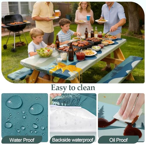 Picnic Table Cover with Bench Covers Camping Essentials Waterproof Windproof Camping Tablecloth with Drawstring Bag, Fitte...