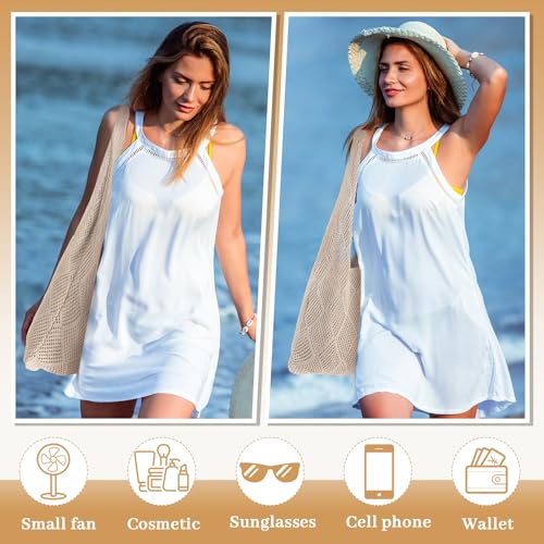 Aliceset 2 Pack Crochet Mesh Beach Tote Bag with Letter Patch Pocket Summer Beach Tote Bohemian Straw Transparent Bag