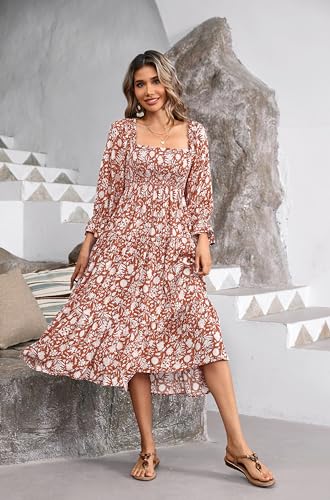 R.Vivimos Women's Summer Cotton Plaid Puff Sleeves Bow Casual Off-Shoulder Boho Midi Dress