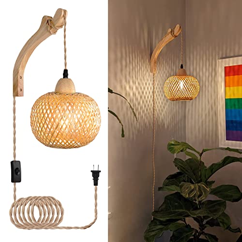Frideko Bamboo Lantern Plug in Wall Sconces Wicker Wall Lamp with Plug in Cord Hand Woven Rattan Wall Light Farmhouse Rust...