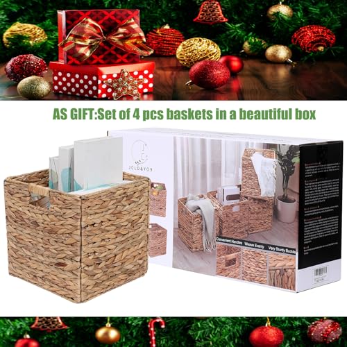 12x12in Storage Baskets Set of 4 Water Hyacinth Baskets,Foldable Handwoven Storage Cubes,Wicker Cube Baskets Laundry Organ...